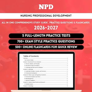 May include: A comprehensive study guide for Nursing Professional Development, featuring practice questions and flashcards. The image displays the text "2026-2027" and highlights 5 full-length practice tests, 700+ exam-style practice questions, and 500+ online flashcards.