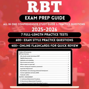 以下が含まれることがあります： 「RBT EXAM PREP GUIDE」と「2025-2026」のテキストが特徴のRBT試験対策ガイド。練習問題、試験問題、オンラインフラッシュカードが含まれています。ノートパソコンには目次が表示されています。