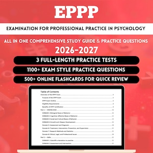 May include: A study guide for the EPPP exam, titled "Examination for Professional Practice in Psychology." The guide includes practice tests, questions, and online flashcards. The cover is red with white text, and a laptop displays the table of contents.