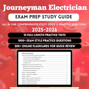 以下が含まれることがあります： ノートパソコンには、Journeyman Electrician試験の学習ガイドが表示されています。ガイドには、練習テスト、質問、オンラインフラッシュカードが含まれています。タイトルは「Journeyman Electrician Exam Prep Study Guide 2025-2026」です。