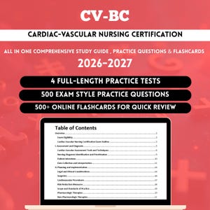 Pode incluir: Uma capa de guia de estudo vermelha para a certificação de enfermagem cardiovascular CV-BC 2026-2027. Lista 4 testes práticos completos, 500 questões de exame e 500+ flashcards online. Uma tela de laptop exibe um sumário de conteúdos.