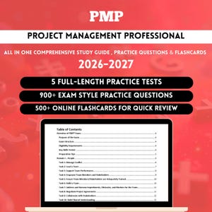 Puede incluir: Una guía de estudio para la certificación Project Management Professional (PMP). El gráfico rojo y blanco incluye el texto "PMP" y "Project Management Professional". Destaca 5 pruebas de práctica, más de 900 preguntas de examen y 500+ tarjetas didácticas en línea.