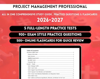 May include: A study guide for Project Management Professional (PMP) certification. The red and white graphic includes the text "PMP" and "Project Management Professional." It highlights 5 practice tests, 900+ exam questions, and 500+ online flashcards for quick review.