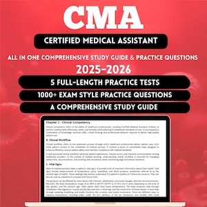 Può includere: Una guida allo studio per assistenti medici certificati (CMA) con il testo "2025-2026". La guida include test pratici e domande in stile esame. La copertina è rossa e bianca con testo nero. Lo schermo di un laptop mostra un capitolo sulla competenza clinica.