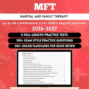 May include: A study guide for Marital and Family Therapy, titled "MFT" with the years 2026-2027. The guide includes practice tests, exam-style questions, and online flashcards. A laptop displays a table of contents.