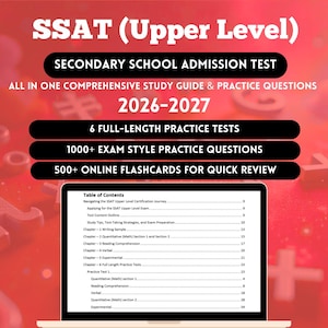 May include: A comprehensive study guide for the SSAT (Upper Level) exam, covering the 2026-2027 school year. The guide includes practice tests, exam-style questions, and online flashcards. The laptop screen displays a table of contents.