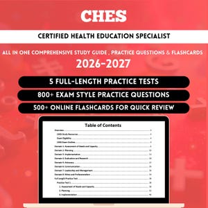Może przedstawiać: Czerwono-biała grafika promująca przewodnik do nauki do egzaminu Certified Health Education Specialist (CHES). Przewodnik zawiera testy praktyczne, pytania i fiszki online na egzamin 2026-2027. Ekran laptopa wyświetla spis treści.