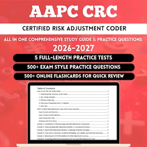 Puede incluir: Guía de estudio AAPC CRC para 2026-2027. La portada es roja y blanca, con el título "CERTIFIED RISK ADJUSTMENT CODER". Incluye pruebas prácticas, preguntas tipo examen y tarjetas didácticas en línea. Un portátil muestra la tabla de contenidos.