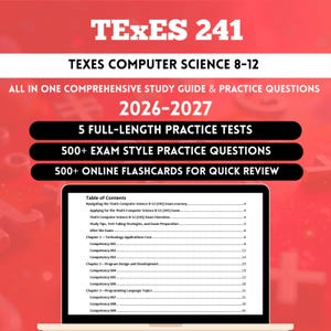 May include: A study guide for the TEXES Computer Science 8-12 (241) exam. The cover is red and white with the title "TEXES 241" and "TEXES COMPUTER SCIENCE 8-12". Includes practice tests, questions, and flashcards. A laptop displays the table of contents.