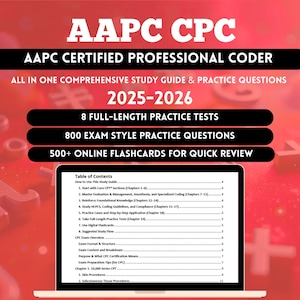 May include: A red and white study guide for the AAPC CPC certification exam. The guide includes practice tests, exam questions, and online flashcards. The cover displays the text "AAPC CPC" and "2025-2026". A laptop displays the table of contents.