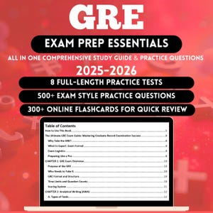 May include: A book cover with the word "GRE" in large white letters. Below, it reads "EXAM PREP ESSENTIALS" and "2025-2026". The cover highlights 8 full-length practice tests, 500+ exam style practice questions, and 300+ online flashcards.