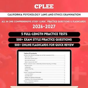 May include: A red study guide cover for the CPLEE California Psychology Laws and Ethics Examination 2026-2027. It features 5 full-length practice tests, 500+ exam style practice questions, and 500+ online flashcards, with a laptop displaying a table of contents.