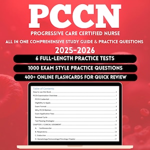 May include: A study guide for the Progressive Care Certified Nurse (PCCN) exam. The cover features the acronym "PCCN" in large white letters. The guide includes practice tests, questions, and online flashcards for quick review. A laptop displays the table of contents.