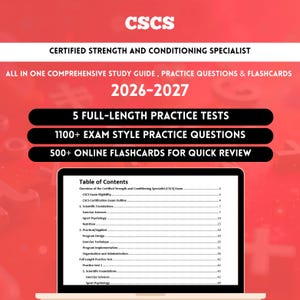 Könnte beinhalten: Rote und weiße Grafik, die einen Leitfaden für das Studium zum Certified Strength and Conditioning Specialist für 2026-2027 bewirbt. Der Leitfaden enthält Übungstests, Prüfungsfragen und Online-Karteikarten. Ein Laptop zeigt ein Inhaltsverzeichnis.