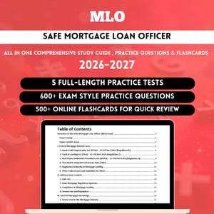 Puede incluir: Una pantalla de portátil muestra una guía de estudio para el examen de Oficial de Préstamos Hipotecarios (MLO) SAFE. La guía incluye pruebas de práctica, preguntas y tarjetas didácticas para 2026-2027. El título "SAFE MORTGAGE LOAN OFFICER" está en la parte superior.