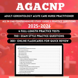 Op de afbeelding: Een studiehandleiding voor het AGACNP-examen, met de titel "AGACNP" en de tekst "ADULT-GERONTOLOGY ACUTE CARE NURSE PRACTITIONER". De gids bevat oefentests, examenvragen en online flashcards voor snelle herziening. De omslag is rood en wit.