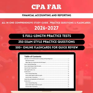 May include: A red study guide cover for the CPA FAR Financial Accounting and Reporting 2026-2027 exam. It features 5 full-length practice tests, 250 exam style practice questions, and 500+ online flashcards, with a laptop screen showing a table of contents.