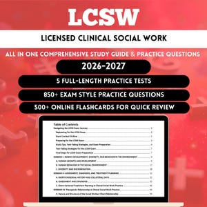 Puede incluir: Una guía de estudio para el examen LCSW, con el texto "LCSW LICENSED CLINICAL SOCIAL WORK". La guía incluye pruebas de práctica, preguntas de estilo de examen y tarjetas didácticas en línea. La portada muestra los años 2026-2027.