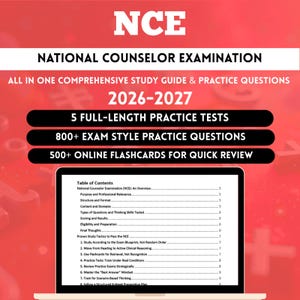 May include: A study guide for the National Counselor Examination (NCE) with the text "2026-2027". The guide includes 5 full-length practice tests, 800+ exam-style practice questions, and 500+ online flashcards. A laptop displays the table of contents.