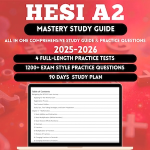 May include: A study guide titled "HESI A2 Mastery Study Guide" with the text "2025-2026". The guide includes practice tests, exam-style questions, and a 90-day study plan. A laptop displays a table of contents.