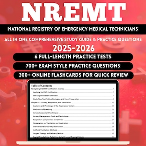 Puede incluir: Una guía de estudio para el Registro Nacional de Técnicos Médicos de Emergencias (NREMT). La portada presenta el título NREMT en blanco, con los años 2025-2026. Incluye pruebas de práctica, preguntas y tarjetas didácticas en línea. Un portátil muestra la tabla de contenidos.