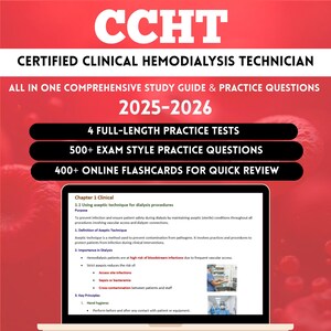 Puede incluir: Gráfico rojo y blanco para la guía de estudio de Técnico en Hemodiálisis Clínica Certificado (CCHT). La guía incluye pruebas de práctica, preguntas de examen y tarjetas didácticas en línea para una revisión rápida. Cubre la técnica aséptica.