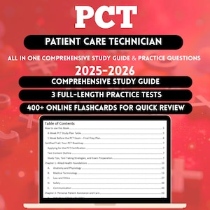 May include: A laptop displaying a study guide for Patient Care Technicians. The guide includes practice tests, online flashcards, and covers topics like anatomy, physiology, and medical terminology. The cover text reads "PCT" and "2025-2026 Comprehensive Study Guide."