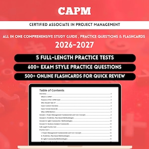 May include: A red study guide cover for the CAPM Certified Associate in Project Management 2026-2027 exam. It features text detailing 5 full-length practice tests, 600+ exam style practice questions, and 500+ online flashcards, with a table of contents.