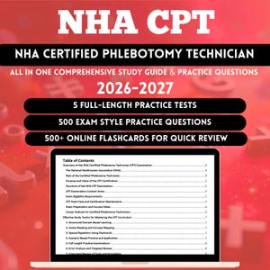 Op de afbeelding: Een studiehandleiding voor het NHA Certified Phlebotomy Technician examen. De cover toont de tekst "NHA CPT" in grote witte letters op een rode achtergrond. Bevat oefentests, examenvragen en online flashcards. De gids behandelt de jaren 2026-2027.