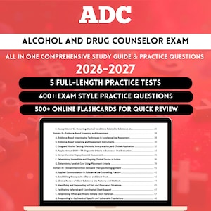 Könnte beinhalten: Ein Studienführer für die Prüfung zum Suchtberater. Das Cover zeigt das Akronym "ADC" in weißen Buchstaben auf rotem Hintergrund. Der Leitfaden enthält Übungstests, Fragen im Prüfungsstil und Online-Karteikarten. Ein Laptop zeigt ein detailliertes Inhaltsverzeichnis.