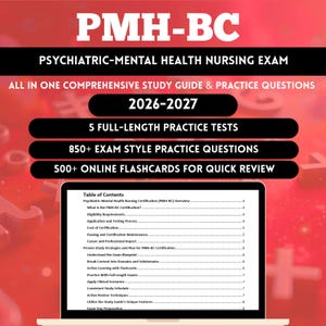 May include: A laptop displaying a study guide for the Psychiatric-Mental Health Nursing Exam (PMH-BC). The guide includes practice tests, exam questions, and online flashcards. The cover features the text "PMH-BC" and "2026-2027".
