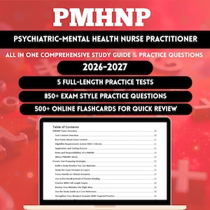 Könnte beinhalten: Ein Studienführer für Psychiatric-Mental Health Nurse Practitioners (PMHNP) mit dem Titel "PMHNP" in großen, fetten Buchstaben. Der Leitfaden enthält Übungstests, Prüfungsfragen und Online-Karteikarten. Für die Jahre 2026-2027.