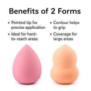 May include: A pink teardrop-shaped makeup sponge and a peach hourglass-shaped makeup sponge. Text reads: Benefits of 2 Forms. Pointed tip for precise application. Ideal for hard-to-reach areas. Contour helps to grip. Coverage for large areas.