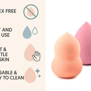 May include: Two makeup sponges, one peach-colored and hourglass-shaped, the other pink and teardrop-shaped. Text includes: LATEX FREE, WET AND DRY USE, SOFT & GENTLE ON SKIN, REUSABLE & EASY TO CLEAN, accompanied by corresponding icons of droplets.