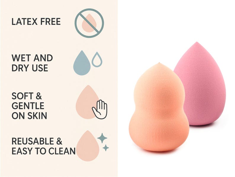 May include: Two makeup sponges, one peach-colored and hourglass-shaped, the other pink and teardrop-shaped. Text includes: LATEX FREE, WET AND DRY USE, SOFT & GENTLE ON SKIN, REUSABLE & EASY TO CLEAN, accompanied by corresponding icons of droplets.
