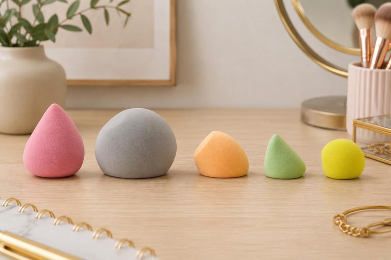 K&ouml;nnte beinhalten: F&uuml;nf farbige Make-up-Schw&auml;mme in verschiedenen Formen und Gr&ouml;&szlig;en sind auf einer Holzoberfl&auml;che angeordnet. Die Schw&auml;mme sind rosa, grau, orange, gr&uuml;n und gelb. Der Hintergrund umfasst eine Vase mit Gr&uuml;n, einen Spiegel und Make-up-Pinsel.
