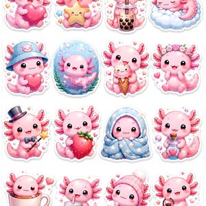 Könnte beinhalten: Ein Aufkleberbogen mit sechzehn einzelnen Illustrationen von rosa Axolotln bei verschiedenen Aktivitäten, darunter das Halten von Herzen, Sternen, Boba-Tee, Eis, Erdbeeren und einer Laterne, mit Hüten und Decken oder beim Schlafen auf einer Wolke.