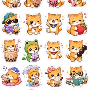 Könnte beinhalten: Ein Aufkleberbogen mit zwanzig einzelnen Illustrationen von orangefarbenen getigerten Katzen bei verschiedenen Aktivitäten, darunter das Trinken von Boba-Tee, das Tragen von Kostümen wie Frosch oder Löwe, das Lesen eines Buches mit der Aufschrift BOBA 101 und das Halten von Erdbeeren.