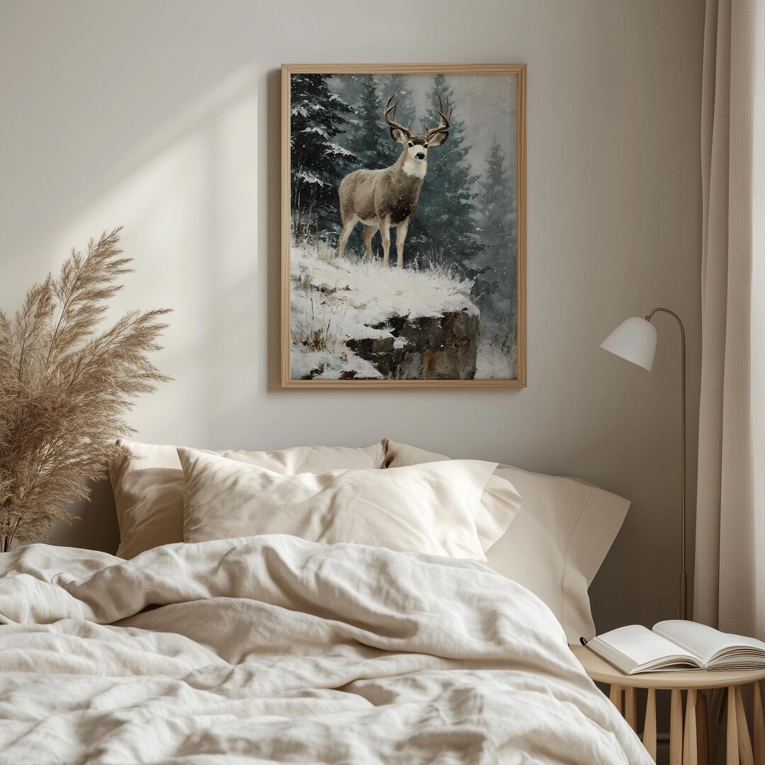 Moody Winter Buck Painting, Rustic Snowy Landscape Printable Art ...