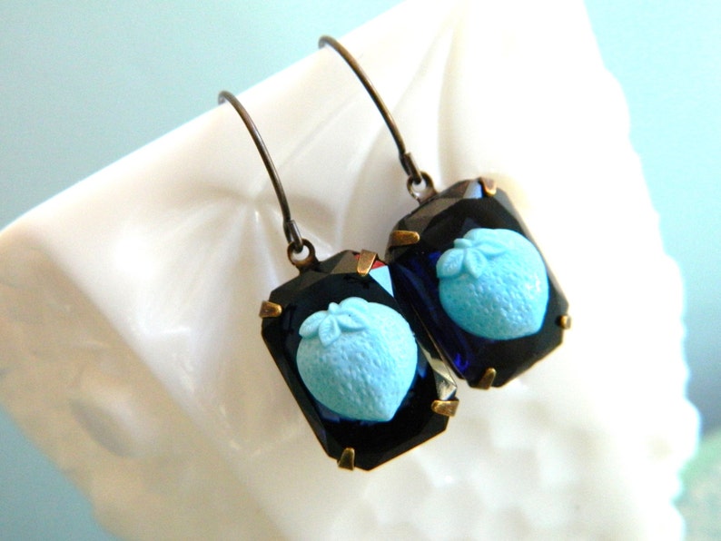 Blue Earrings, Strawberry Earrings, Vintage Blue, Retro Earrings,Aqua Blue, Shabby Chic Jewelry, Retro Jewelry, Vintage Jewelry image 2