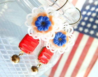 4th of July Earrings, Retro Earrings, Red White Blue Earrings, Patriotic Earrings, Floral Earrings, Vintage 4th of July, Summer Earrings