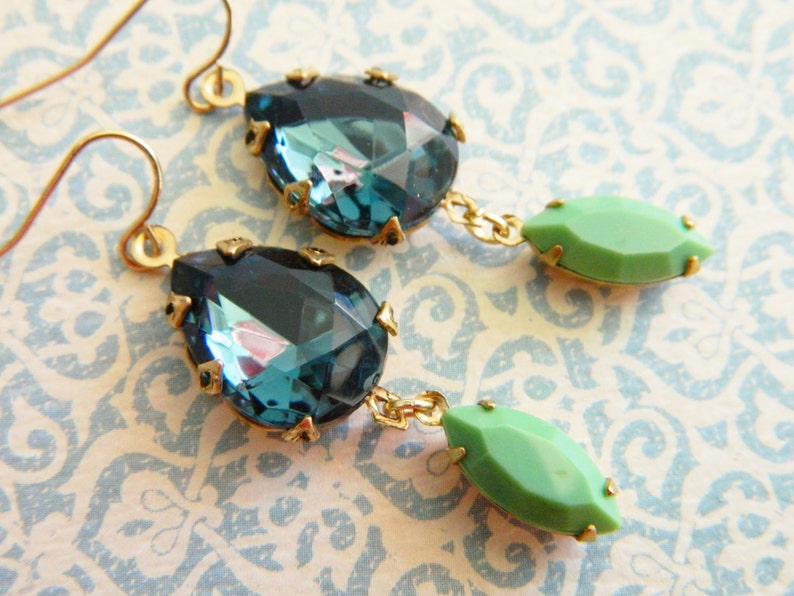 Blue Rhinestone Earrings Blue Green Earrings Vintage Jewel Bridesmaid Earrings Art Deco Earrings Shabby Chic Jewelry Jadeite Green
