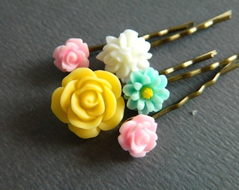 Flower Bobby Pins, Pink, Yellow, Mint, White, Pastel Hair Pins, Floral Pins, Spring Pastels, Wedding, Bridal, Shabby Chic Hair Pins, Girly