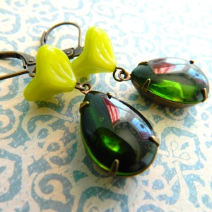 Green Earrings, Autumn Earrings, Olivine Green, Chartreuse, Fall Jewelry, Bohemian Earrings, Vintage Earrings, Floral Earrings, Art Deco
