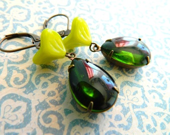 Green Earrings, Autumn Earrings, Olivine Green, Chartreuse, Fall Jewelry, Bohemian Earrings, Vintage Earrings, Floral Earrings, Art Deco