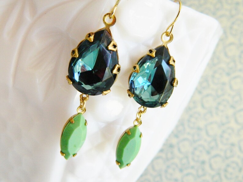 Blue Rhinestone Earrings Blue Green Earrings Vintage Jewel Bridesmaid Earrings Art Deco Earrings Shabby Chic Jewelry Jadeite Green