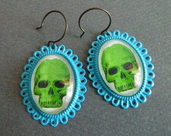 Skull Earrings, Green Neon Skull, Green Skull Earrings, Retro Halloween, Rockabilly Earrings, Vintage, Vintage Halloween, Dia De Los Muertos