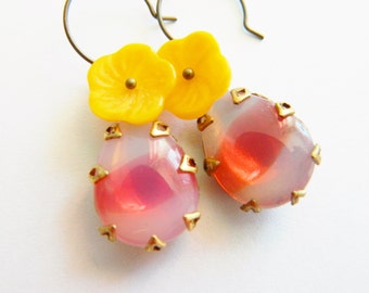 Pink Earrings, Pink and Yellow Earrings, Yellow Flower Earrings, Pink Opal, Summer Earrings, Retro Earrings, Floral Earrings