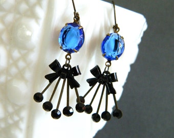 Art Deco Earrings, Retro Earrings,Vintage Blue Earring, Black Sapphire Earrings, Sapphire Blue, Retro Jewelry, Black Swarovski Earrings