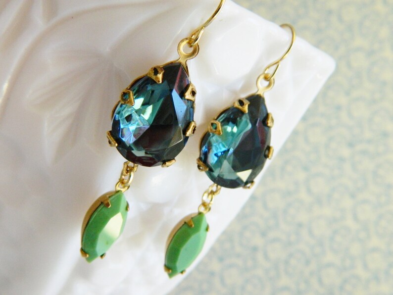 Blue Rhinestone Earrings Blue Green Earrings Vintage Jewel Bridesmaid Earrings Art Deco Earrings Shabby Chic Jewelry Jadeite Green